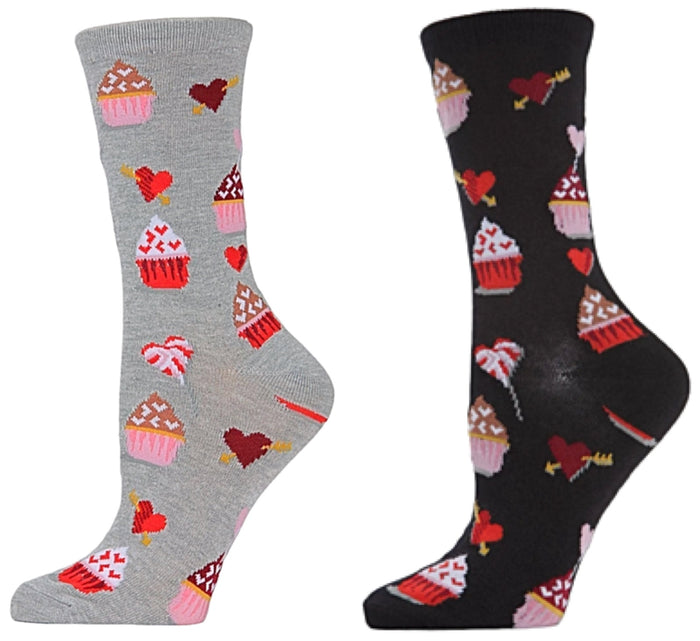 MeMoi BRAND LADIES CUPCAKE VALENTINE’S DAY SOCKS CUPCAKES & HEARTS ALL OVER (CHOOSE COLOR)