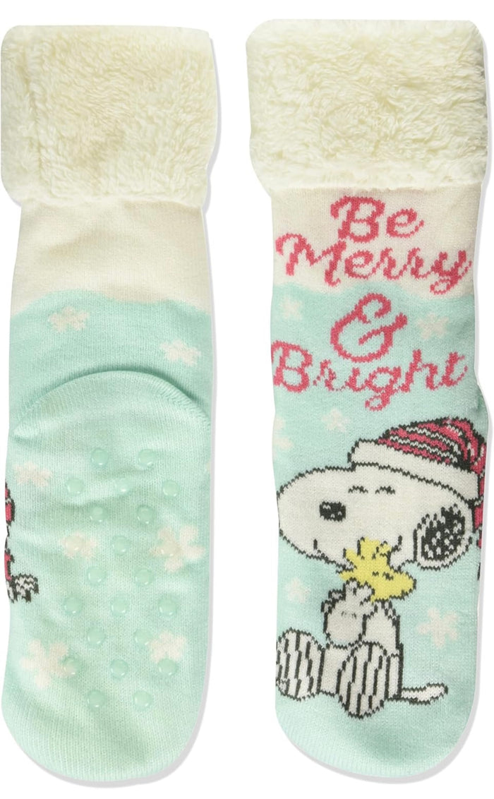 PEANUTS Ladies CHRISTMAS SNOOPY Sherpa Lined Gripper Slipper Socks ‘BE MERRY & BRIGHT’