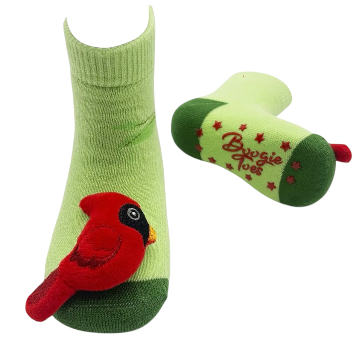 RED CARDINAL BIRD Unisex Baby Rattle Gripper Bottom Socks BOOGIE TOES Brand By PIERO Liventi - Novelty Socks And Slippers
