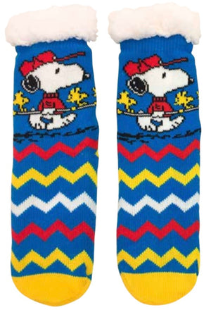 PEANUTS LADIES SNOOPY & WOODSTOCK SHERPA LINED GRIPPER BOTTOM SLIPPER SOCKS - Novelty Socks And Slippers