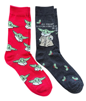 DISNEY STAR WARS MEN’S BABY YODA CHRISTMAS 2 PAIR OF SOCKS ‘ALL I WANT FOR CHRISTMAS’ - Novelty Socks And Slippers