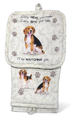 BEAGLE DOG 3 Piece Oven Mitt & Tea Towel Set By E&S Pets - Novelty Socks And Slippers
