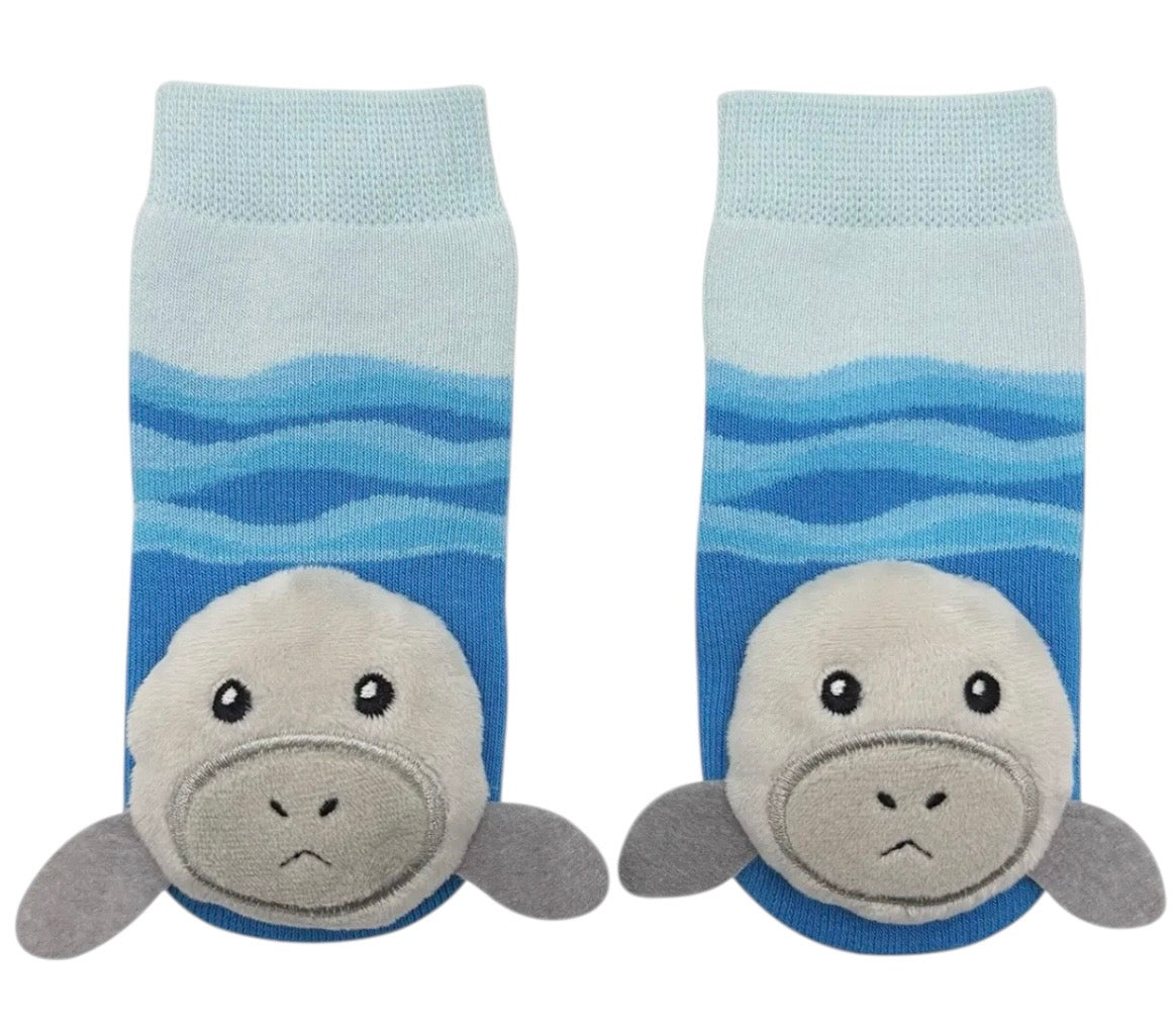 MARLO THE MANATEE Unisex Baby Rattle Gripper Bottom Socks BOOGIE TOES Brand By Piero Liventi - Novelty Socks And Slippers