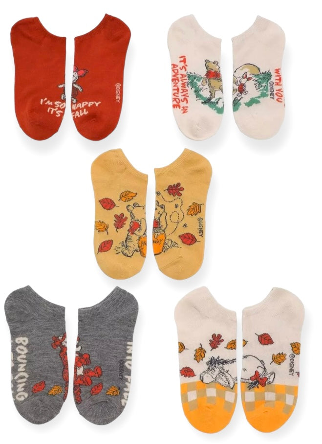 DISNEY WINNIE THE POOH Ladies AUTUMN 5 Pair Of No Show Socks ‘IT’S ALWAYS AN ADVENTURE WITH YOU’