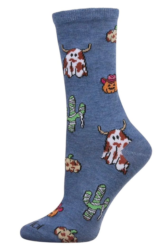 SPOOKY WESTERN HALLOWEEN Ladies Socks MeMoi Brand COW & CACTUS Pattern