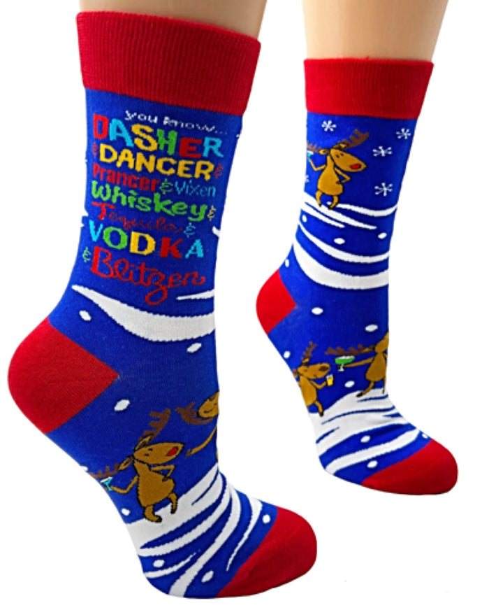 Fabdaz Brand Ladies CHRISTMAS Socks ‘YOU KNOW DASHER & DANCER & PRANCER & VIXEN WHISKEY & TEQUILA & VODKA & BLITZEN