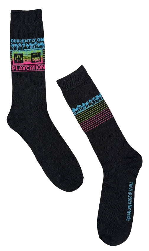 NINTENDO Men’s NES VIDEO CONTROLLER Socks ‘CURRENTLY ON PLAYCATION’ With PALM TREES