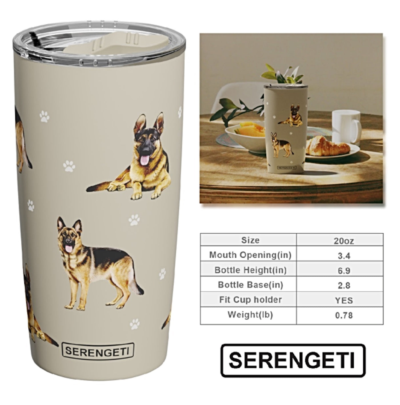 E&S - German Shepherd Stainless Steel Water Bottle 24 oz Serengeti