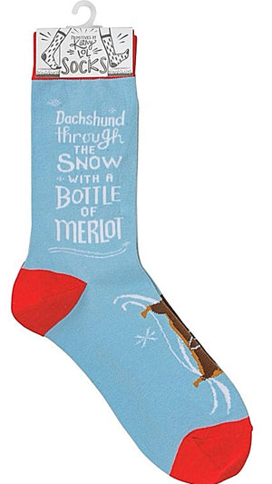 PRIMITIVES BY KATHY Unisex CHRISTMAS Socks ‘DACHSHUND THROUGH THE SNOW WITH A BOTTLE OF MERLOT’ - Novelty Socks for Less