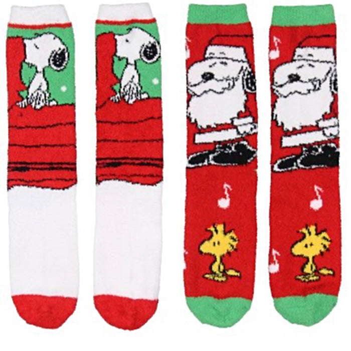 PEANUTS Ladies CHRISTMAS 2 Pair Of Fuzzy Plush Socks SNOOPY & WOODSTOCK