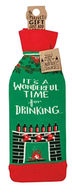 PRIMITIVES BY KATHY ALCOHOL WINE CHRISTMAS BOTTLE SOCK ‘IT’S A WONDERFUL TIME FOR DRINKING’ - Novelty Socks for Less