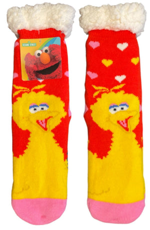 SESAME STREET Ladies BIG BIRD & HEARTS Sherpa Lined Gripper Bottom Slipper Socks - Novelty Socks And Slippers