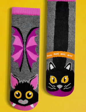 HALLOWEEN BAT & BLACK CAT Unisex Toddler Mismatched Gripper Bottom Socks PALS Socks Bran (CHOOSE SIZE) - Novelty Socks And Slippers