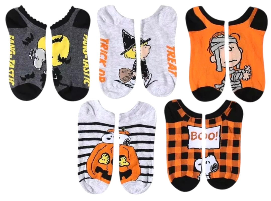 PEANUTS Ladies 5 Pair Of HALLOWEEN NO SHOW SOCKS SNOOPY & WOODSTOCK 'FANG-TASTIC' - Novelty Socks And Slippers