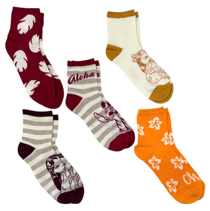 DISNEY LADIES LILO & STITCH THANKSGIVING HARVEST 5 Pair Of Socks 'OHANA' 'ALOHA'