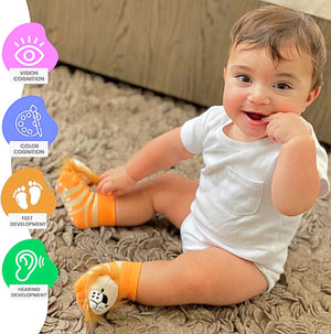 BOOGIE TOES Unisex Baby DINOSAUR RATTLE GRIPPER BOTTOM SOCKS By PIERO LIVENTI - Novelty Socks for Less