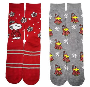 PEANUTS Men’s 2 Pair Of CHRISTMAS Socks SNOOPY & WOODSTOCK With Snowflakes