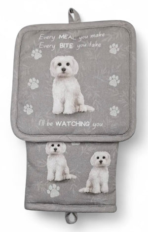 MALTESE Dog 3 Piece Oven Mitt & Tea Towel Set By E&S Pets - Novelty Socks And Slippers