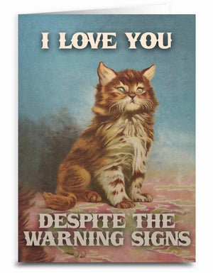 Sassy Cat Valentines Day Greeting Card I LOVE YOU DESPITE THE WARNING SIGNS - Novelty Socks And Slippers