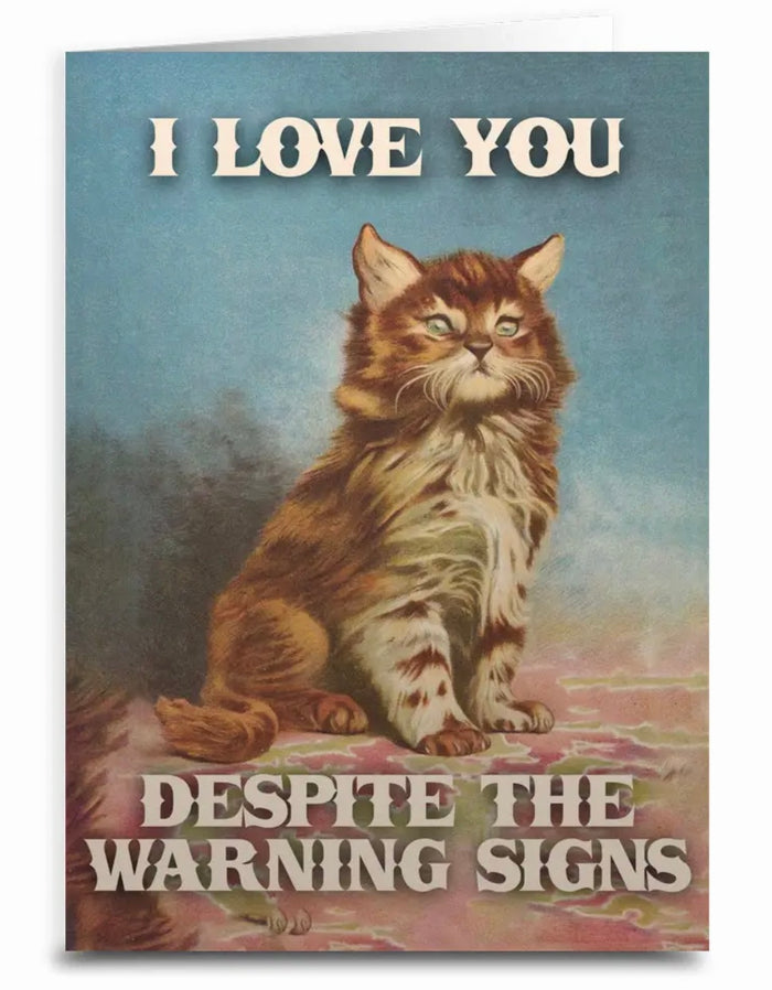 Sassy Cat Valentines Day Greeting Card I LOVE YOU DESPITE THE WARNING SIGNS