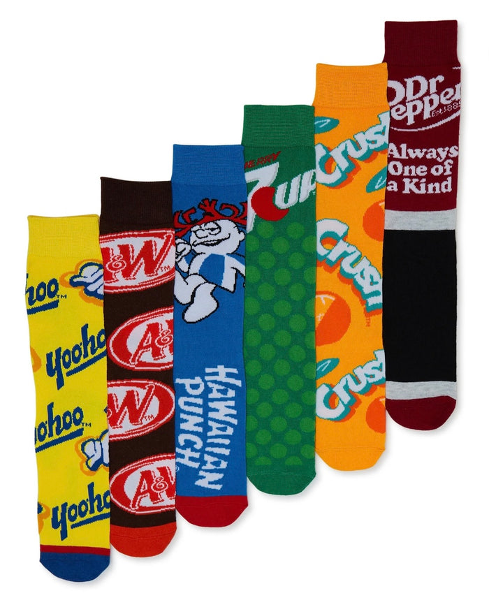 BIOWORLD Brand Men’s 6 Pair Of SODA Socks DR. PEPPER, ORANGE CRUSH, A&W, YOO-HOO