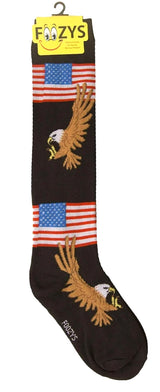 FOOZYS Brand Ladies Patriotic AMERICAN FLAG & BALD EAGLE 2 Pair Of KNEE HIGH SOCKS - Novelty Socks And Slippers