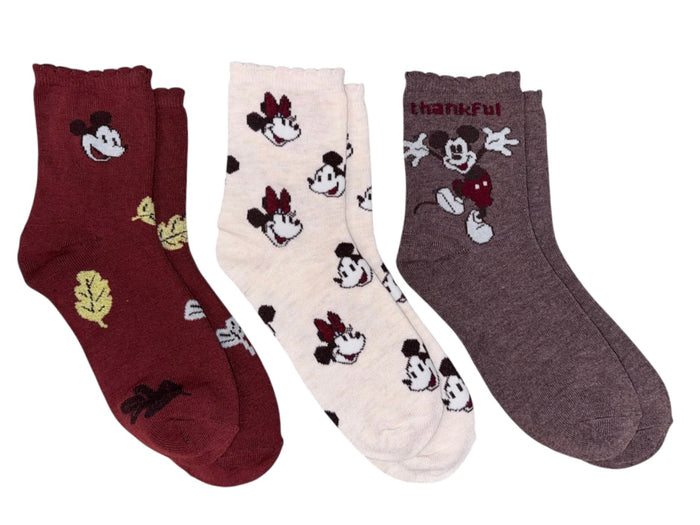 DISNEY LADIES THANKSGIVING AUTUMN 3 PAIR OF MICKEY & MINNIE SOCKS ‘THANKFUL’