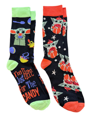 STAR WARS MEN’S BABY YODA HALLOWEEN 2 PAIR OF SOCKS ‘I’M JUST HERE FOR THE CANDY’ - Novelty Socks And Slippers