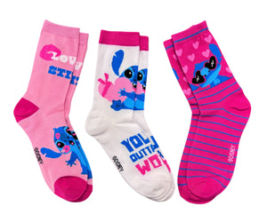 DISNEY STITCH LADIES VALENTINES DAY 3 PAIR OF SOCKS 'YOU'RE OUTTA THIS WORLD' - Novelty Socks And Slippers