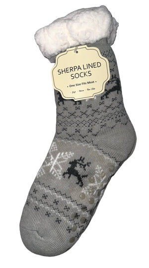 WINTER THEME Ladies Sherpa Lined Gripper Bottom Slipper Socks