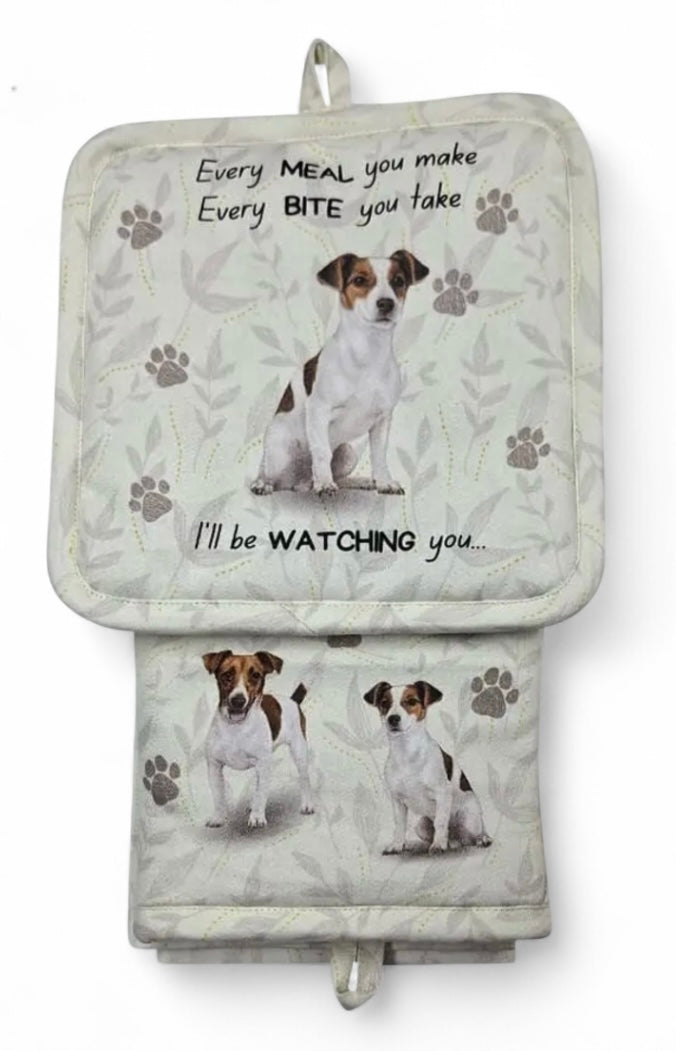 JACK RUSSELL Dog 3 Piece Oven Mitt & Tea Towel Set By E&S Pets