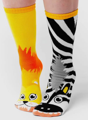PALS SOCKS Brand Unisex LION & ZEBRA Mismatched Gripper Bottom Socks (CHOOSE SIZE)