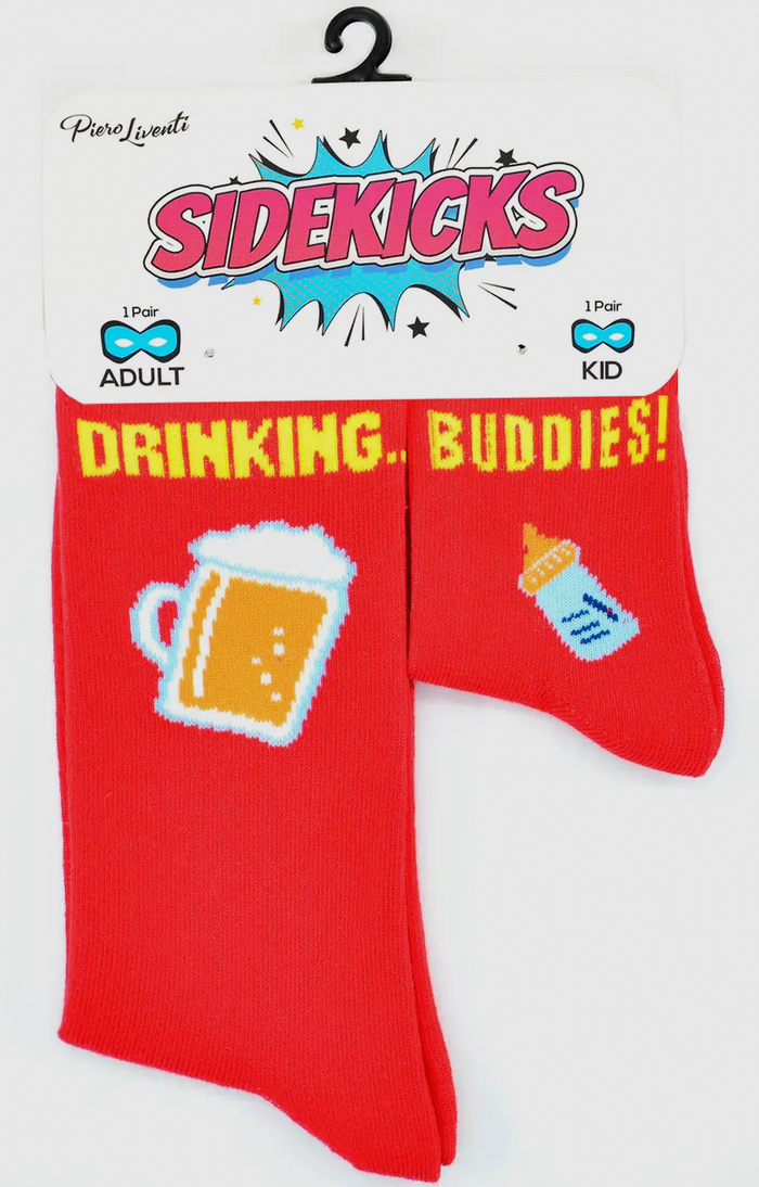 SIDEKICKS By Piero Liventi Adut & Child Sock Set ‘DRINKING BUDDIES’ With BEER & BOTTLE