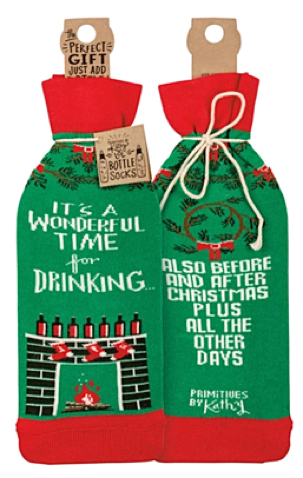 PRIMITIVES BY KATHY ALCOHOL WINE CHRISTMAS BOTTLE SOCK ‘IT’S A WONDERFUL TIME FOR DRINKING’ - Novelty Socks for Less