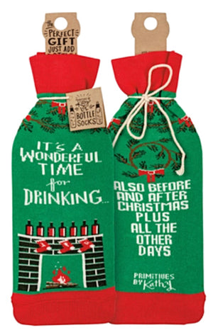 PRIMITIVES BY KATHY ALCOHOL WINE CHRISTMAS BOTTLE SOCK ‘IT’S A WONDERFUL TIME FOR DRINKING’ - Novelty Socks for Less