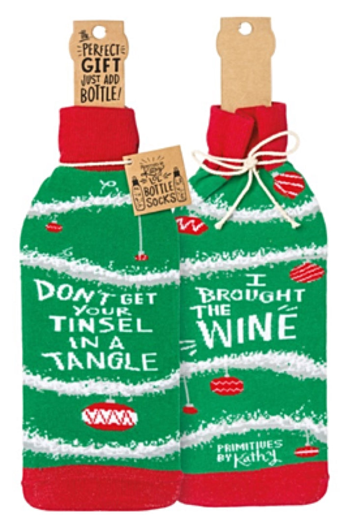 PRIMITIVES BY KATHY CHRISTMAS ALCOHOL WINE BOTTLE SOCK ‘DON’T GET YOUR TINSEL IN A TANGLE’