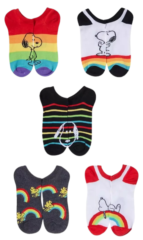 PEANUTS Ladies 5 Pair Of RAINBOW PRIDE No Show Socks SNOOPY & WOODSTOCK