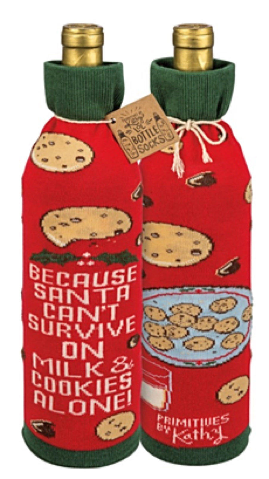PRIMITIVES BY KATHY ALCOHOL WINE CHRISTMAS BOTTLE SOCK ‘BECAUSE SANTA CAN’T SURVIVE ON COOKIES ALONE!’ - Novelty Socks for Less