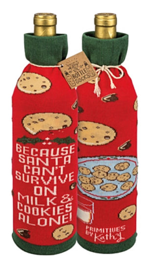 PRIMITIVES BY KATHY ALCOHOL WINE CHRISTMAS BOTTLE SOCK ‘BECAUSE SANTA CAN’T SURVIVE ON COOKIES ALONE!’ - Novelty Socks for Less