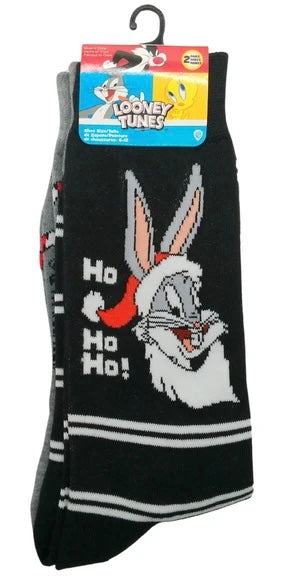 LOONEY TUNES MEN’S 2 Pair Of BUGS BUNNY CHRISTMAS SOCKS With TAZ 'HO HO HO'