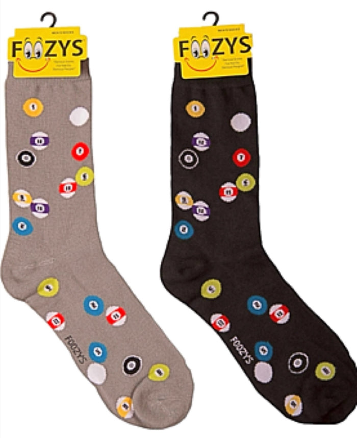 FOOZYS Brand Men’s BILLIARDS 2 Pair Of Socks SOLID & STRIPE POOL BALLS ALL OVER