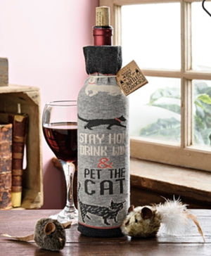 PRIMITIVES BY KATHY ALCOHOL WINE BOTTLE SOCK ‘STAY HOME, DRINK WINE & PET THE CAT’ - Novelty Socks for Less