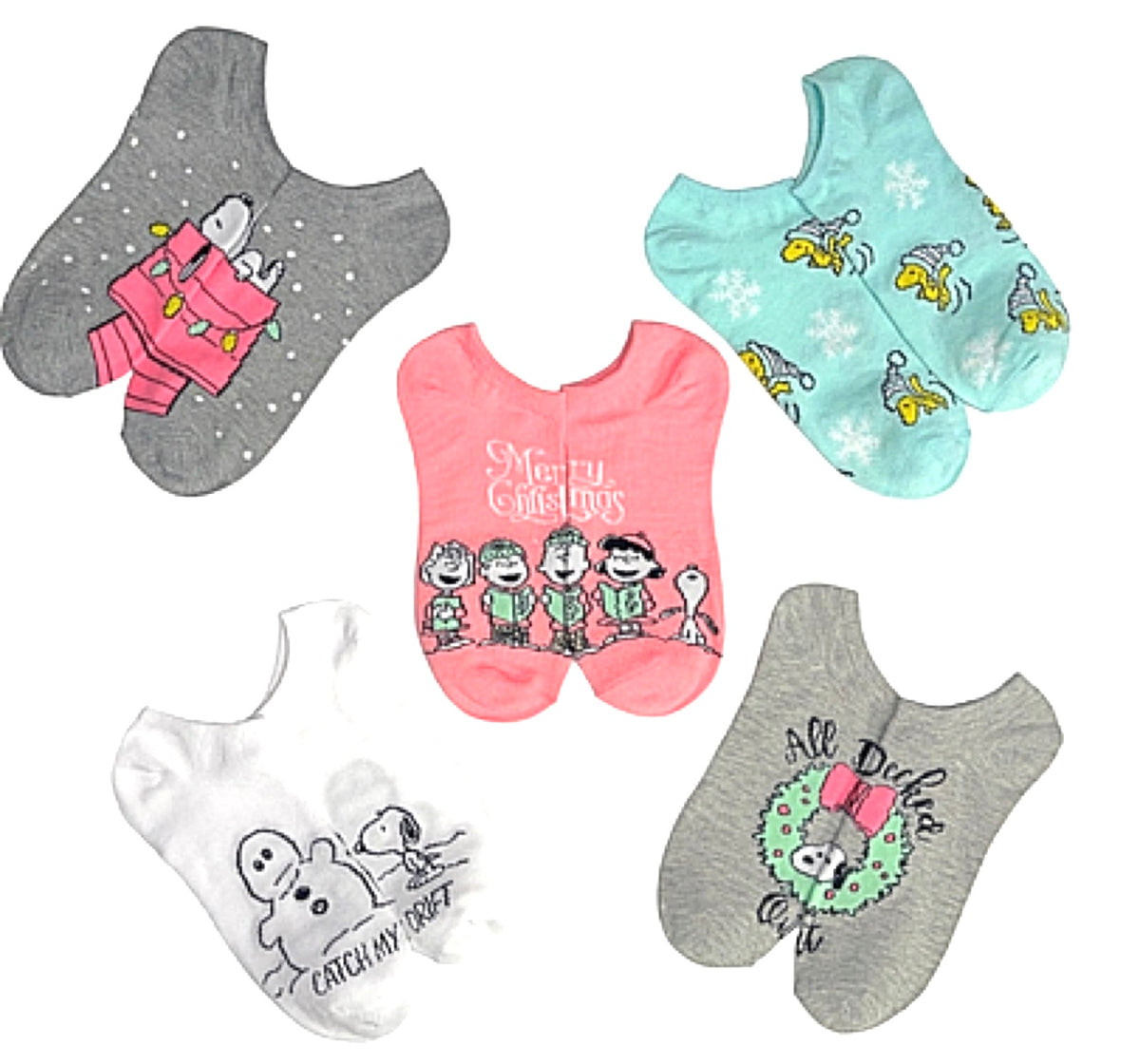 PEANUTS Ladies CHRISTMAS 5 Pair Of No Show Socks With CHARLIE BROWN, LUCY, SALLY, LINUS & SNOOPY - Novelty Socks And Slippers