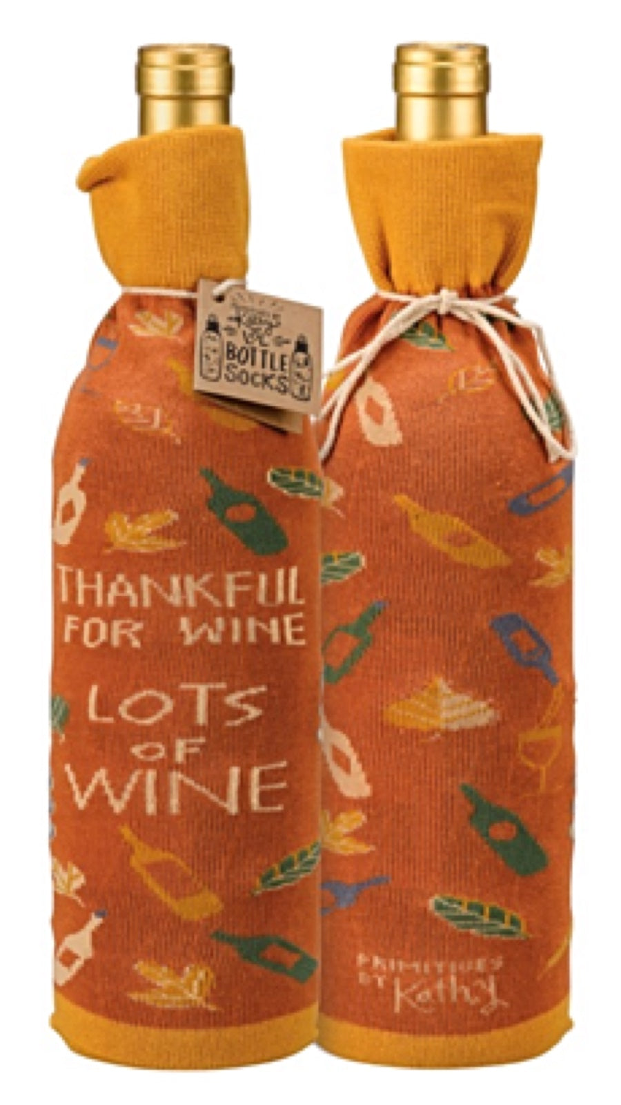 PRIMITIVES BY KATHY ALCOHOL WINE BOTTLE SOCK ‘THANKFUL FOR WINE LOTS OF WINE’ - Novelty Socks for Less