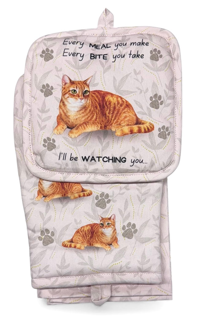 ORANGE TABBY Cat 3 Piece Oven Mitt & Tea Towel Set By E&S Pets