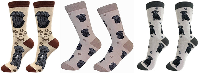 BLACK PUG Dog Unisex Socks By E&S Pets CHOOSE SOCK DADDY, HAPPY TAILS, LIFE IS BETTER