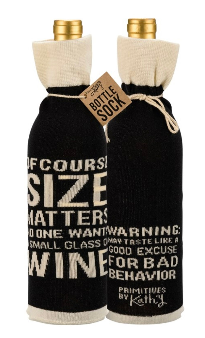PRIMITIVES BY KATHY ALCOHOL BOTTLE SOCK ‘OF COURSE SIZE MATTERS NO ONE WANTS A SMALL GLASS OF WINE’ - Novelty Socks And Slippers