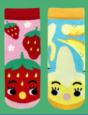 STRAWBERRY & BANANA Unisex Toddler Mismatched Gripper Bottom Socks PALS SOCKS Brand - Novelty Socks And Slippers