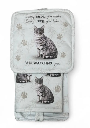 TABBY CAT 3 Piece Oven Mitt & Tea Towel Set By E&S Pets - Novelty Socks And Slippers