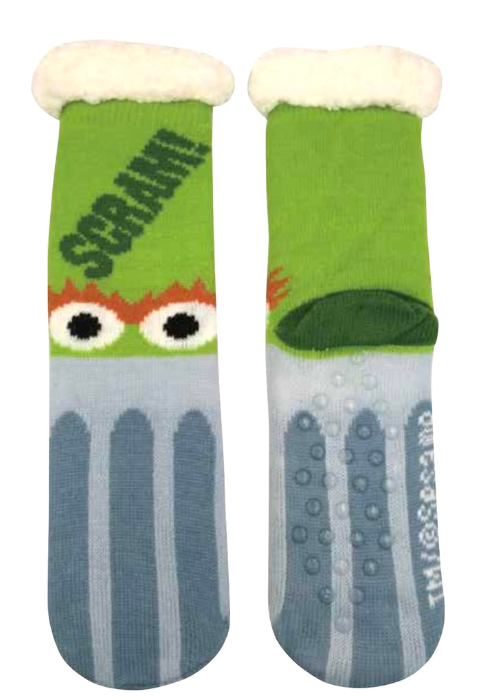 SESAME STREET Ladies OSCAR THE GROUCH Sherpa Lined Gripper Bottom Slipper Socks ‘SCRAM’